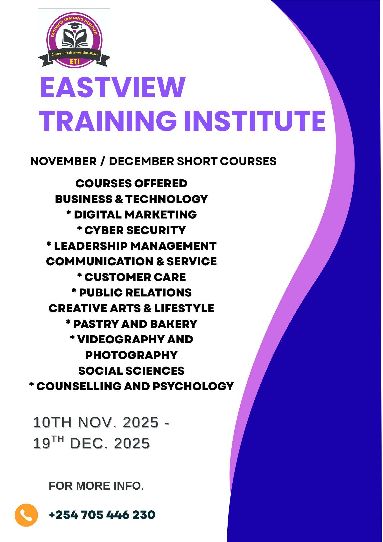 NOVEMBER/DECEMBER SHORT COURSES INTAKE 2025